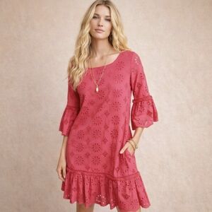 Anthropologie Dani Lace Dress Short Coral Red Eyelet Ruffle Bell Sleeve Size 8